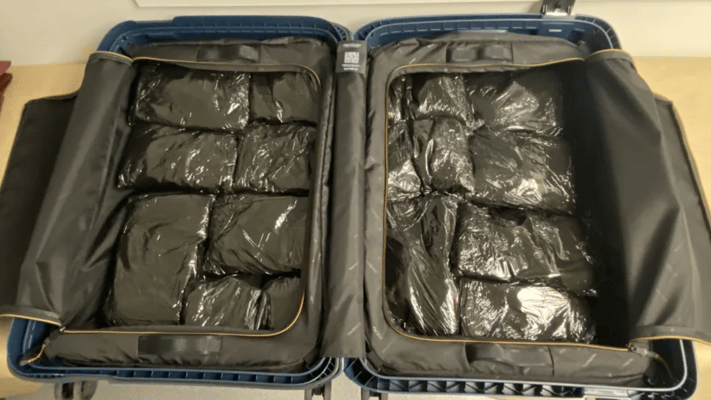 A Customs NZ photo showing 25.71kg of MDMA (ecstasy) stashed in a suitcase and seized at Auckland International Airport on 13 March 2024. Photo: Customs NZ / Supplied