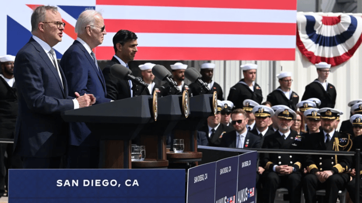 US President Joe Biden, British Prime Minister Rishi Sunak and Australian Prime Minister Anthony Albanese hold a press conference during the AUKUS summit on 13 March 2023, at Naval Base Point Loma in San Diego California. Photo: AFP / JIM WATSON