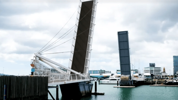 A pedestrian bridge that links Auckland's Viaduct to a strip of waterfront restaurants is broken and stuck in the up position