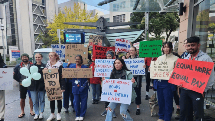 Junior doctors on strike outside Auckland Hospital on Thursday. 