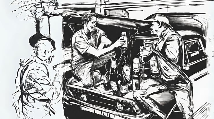 men drinking in car sketch