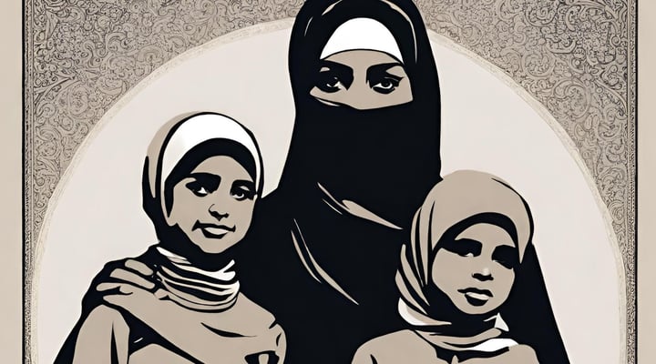 A pencil sketch of a Muslim woman with two daughters