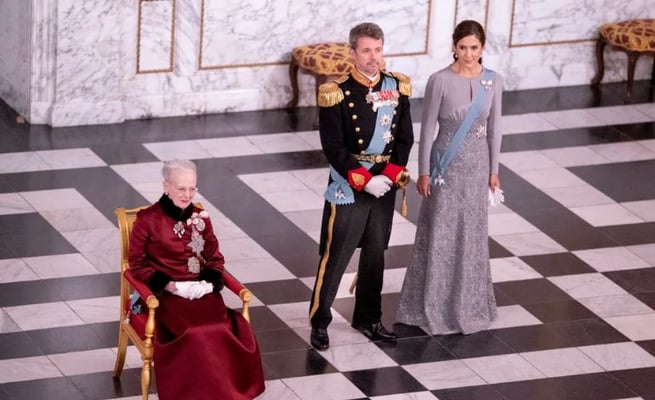 Queen Margrethe II of Denmark, Crown Prince Frederik of Denmark and Crown Princess Mary of Denmark at Christiansborg Palace, Copenhagen, on 3 January 2023.