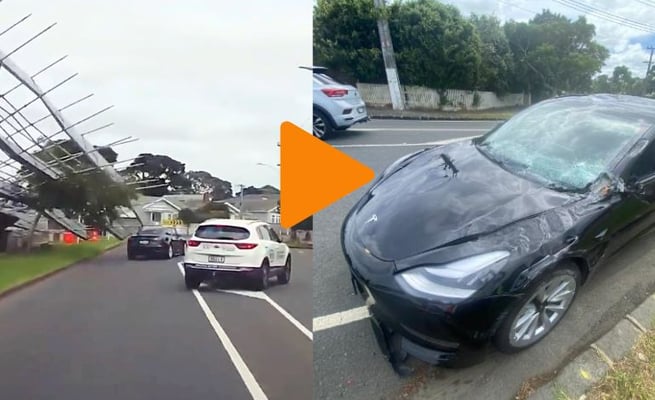 A Tesla car badly damaged in Auckland