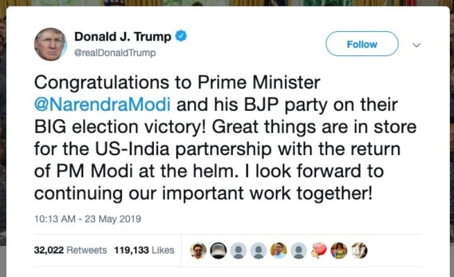 US President Donald Trump congratulates Modi over election victory