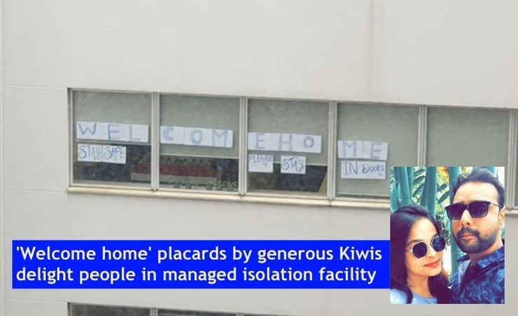 'Welcome home' placards by generous Kiwis delight people in managed isolation facility