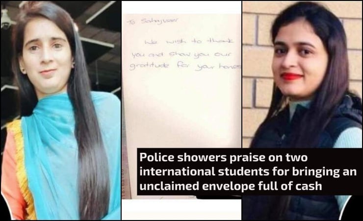 Police showers praise on two international students for bringing an unclaimed envelope full of cash