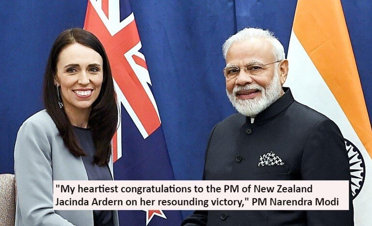 Indian PM Narendra Modi congratulates Jacinda Ardern on her landslide election victory
