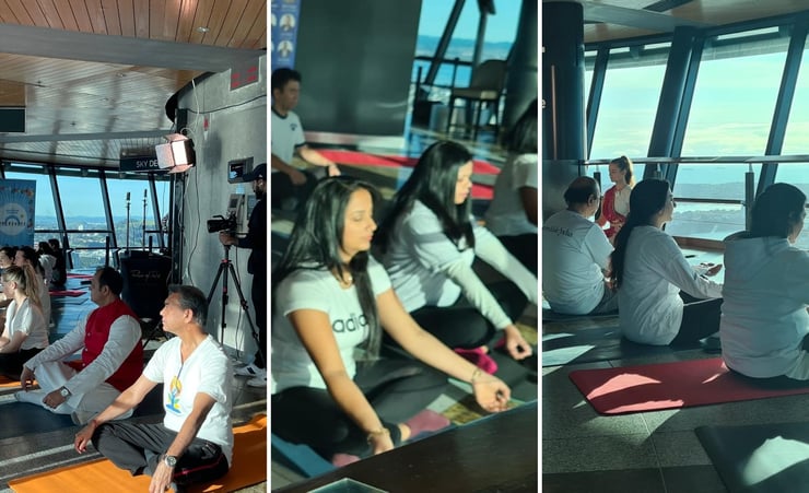 Yoga mats rolled out at Auckland’s Sky Tower to mark 8th International Day of Yoga