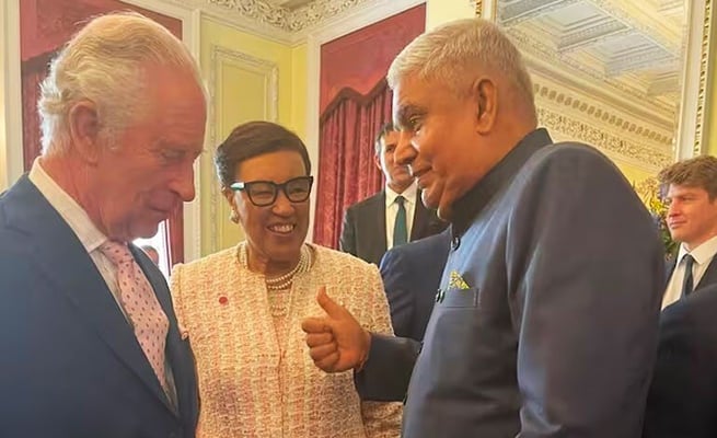 Indian Vice President Dhankhar meets King Charles III during reception at Buckingham Palace