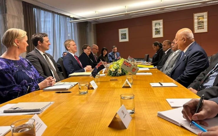 Prime Minister Chris Hipkins and Fiji PM Sitiveni Rabuka speak to media after meeting