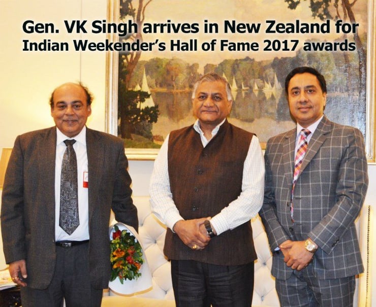 Gen. V K Singh arrives in NZ to attend Indian Weekender’s Hall of Fame Awards