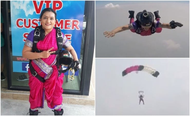 Indian woman sets new record- skydives in Maharashtrian sari